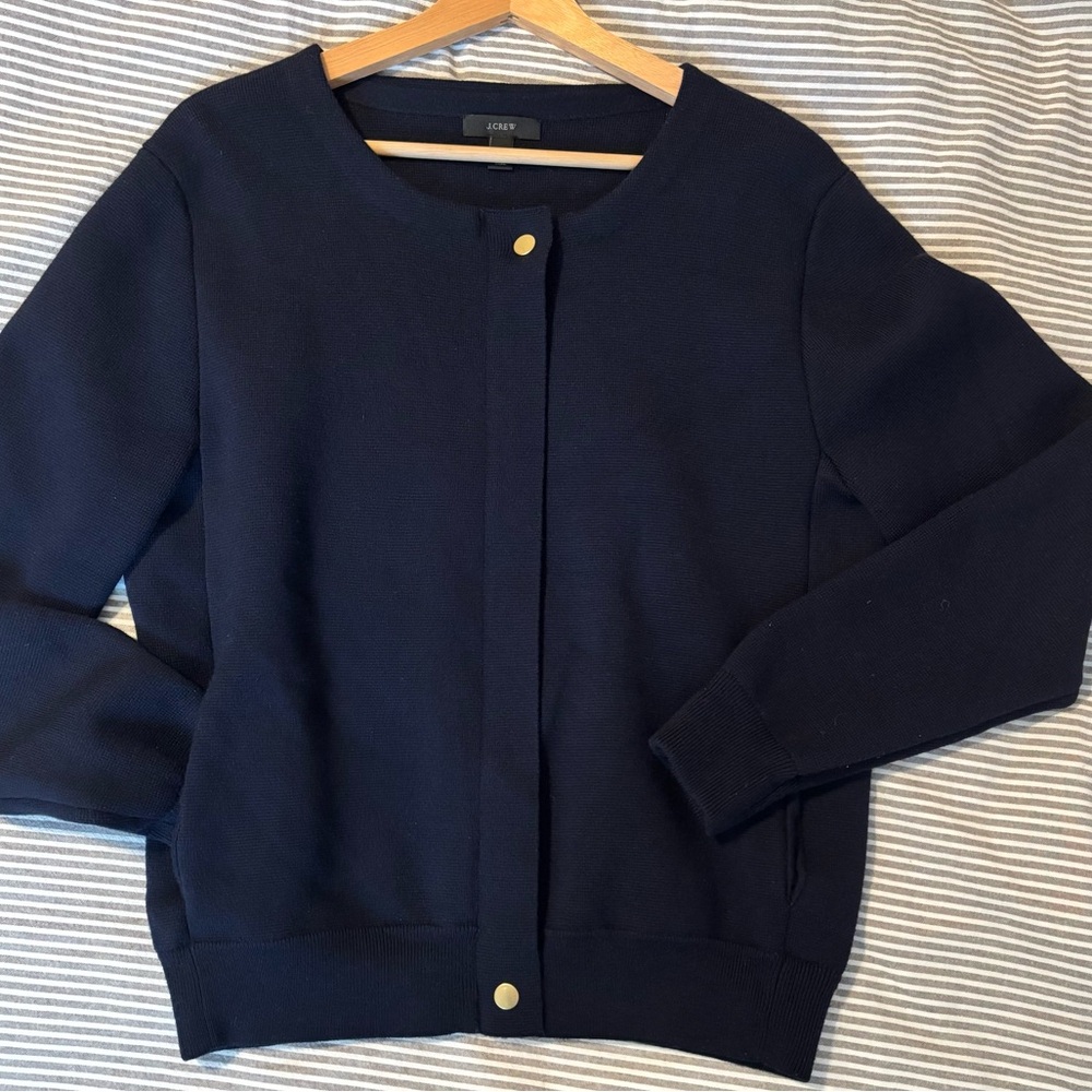 J.Crew Navy Merino Wool blend Knit Cardigan Jacket full zip w buttons Size Large